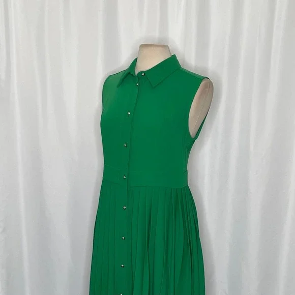 NWT!! KAREN MILLEN Soft Tailored Pleated Sleeveless Shirt Dress Solid Green US 8 - Picture 8 of 16